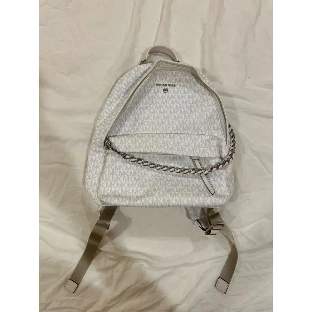 Michael Kors Slater Medium MK Monogram Canvas Chain Backpack White 30T1S04B2B